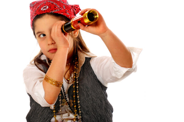 An,Elementary,"pirate",Peering,Through,Her,Spyglass.,Isolated,On,White.